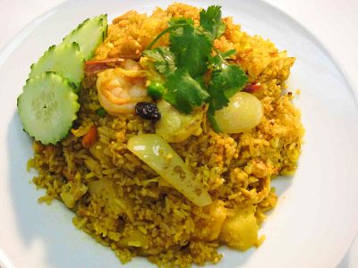 Pineapple Fried Rice with shrimp, cashew nuts and raisins